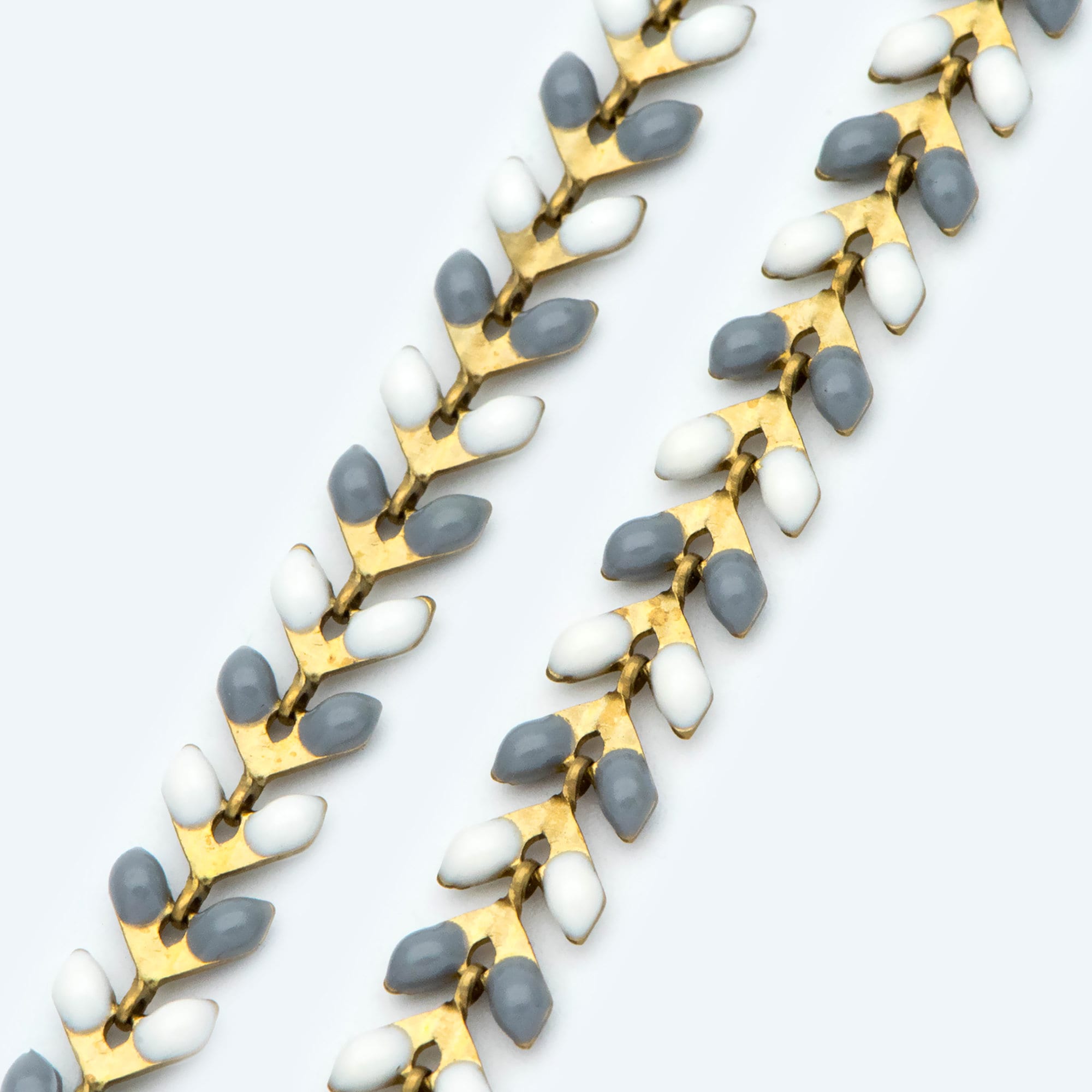 Enamel Brass Chevron Chain 6mm, Flat Herringbone Designer Chain, White Grey Mix Color (#LK-046-6)/ 1 Meter=3.3ft